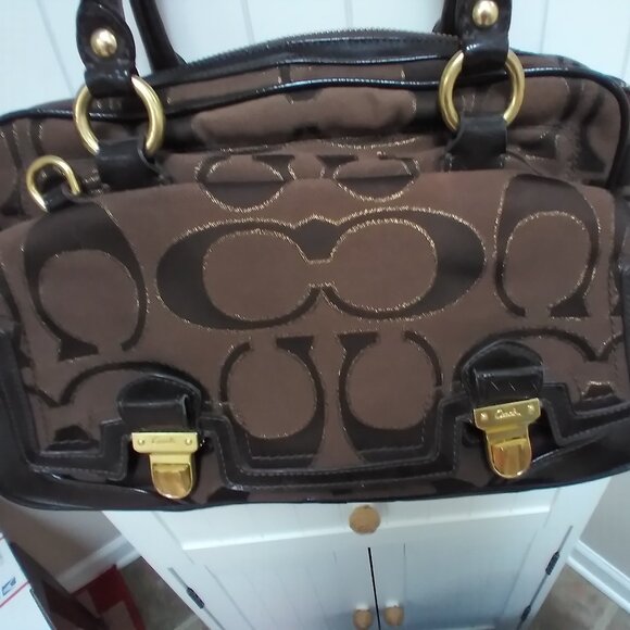 Brown canvas with leather trim Coach purse - Picture 2 of 9